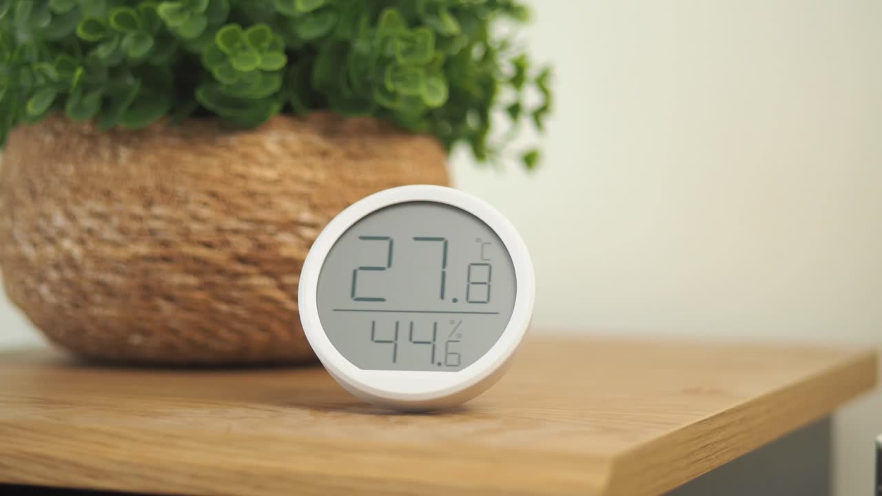 Digital Thermometer and Hygrometer with Potted Plant on a Wooden Table