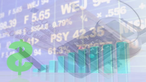 animatie van de verwerking van financiële gegevens via betalingsterminals en bankbiljetten.