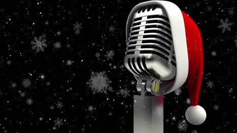 animation of santa hat on retro microphone over snow falling and stars