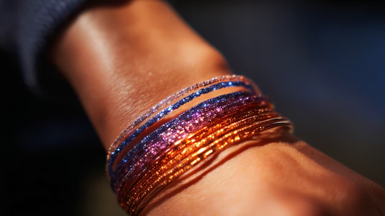Exquisite Display of Colorful Bangles Adorning a Beautifully Sculpted Hand, Showcasing a Vibrant Combination of Blues, Oranges, and Purples That Radiate Elegance and Style in a Well-Lit Setting