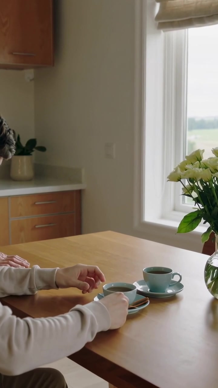 Vertical video: Leaning man arranging turquoise cups on table, placing near vase of white flowers