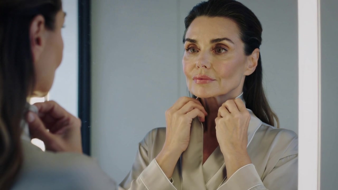 Donna che si sistema, sollevando il colletto di una vestaglia di raso, di fronte a uno specchio illuminato nello spogliatoio, controllando la simmetria