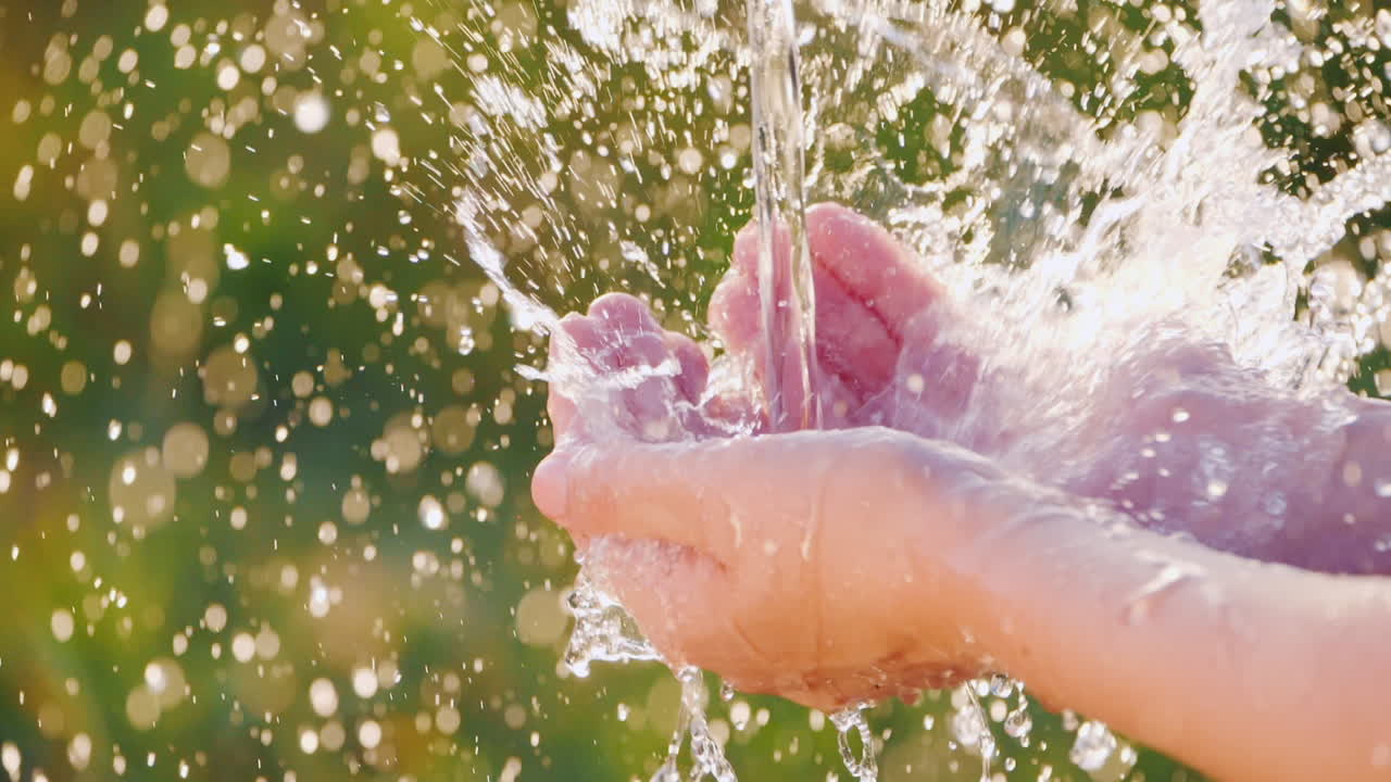 슬로우 모션 비디오의 손바닥에 맑은 물이 떨어집니다.