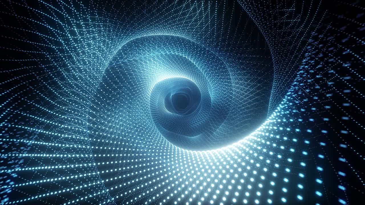 Abstract technological flight in digital space. Bright neon dots forming a data transmission tunnel. Modern blue light spectrum. Seamless loop 3d render