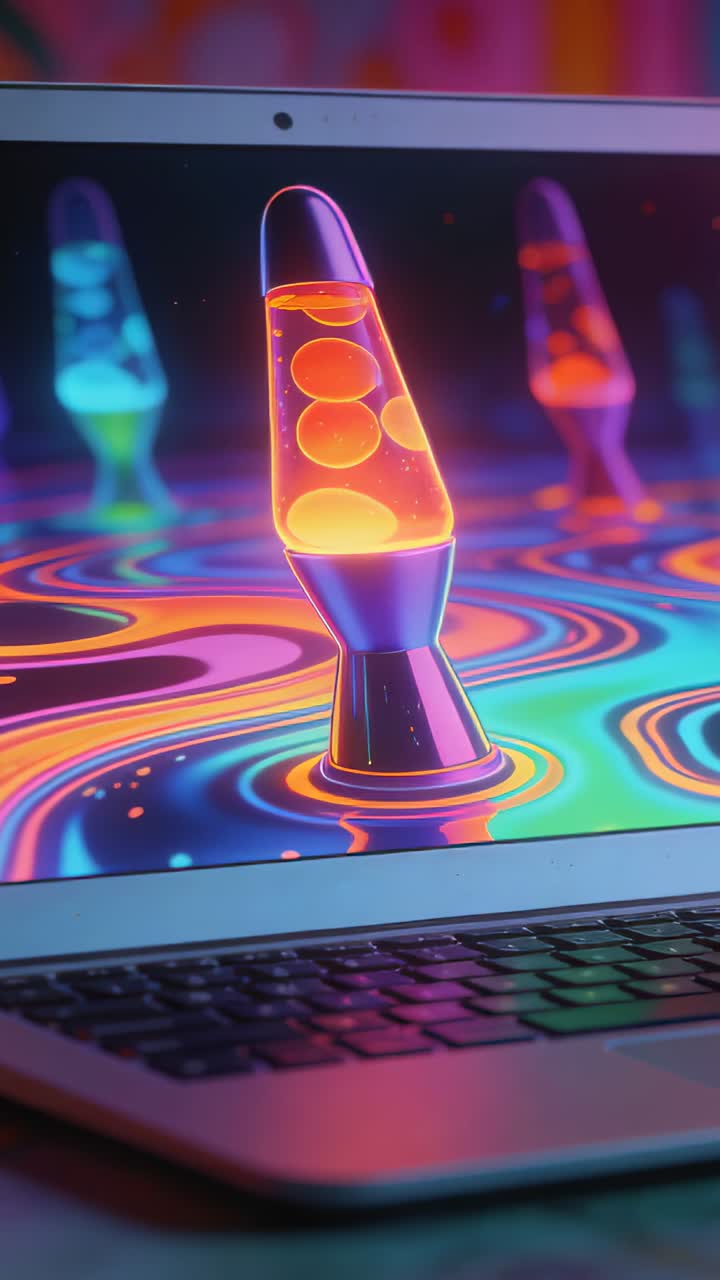 Video verticale: Lampada lava al neon in riproduzione sullo schermo del laptop sulla scrivania, con la telecamera che esegue una panoramica e stringe l'inquadratura