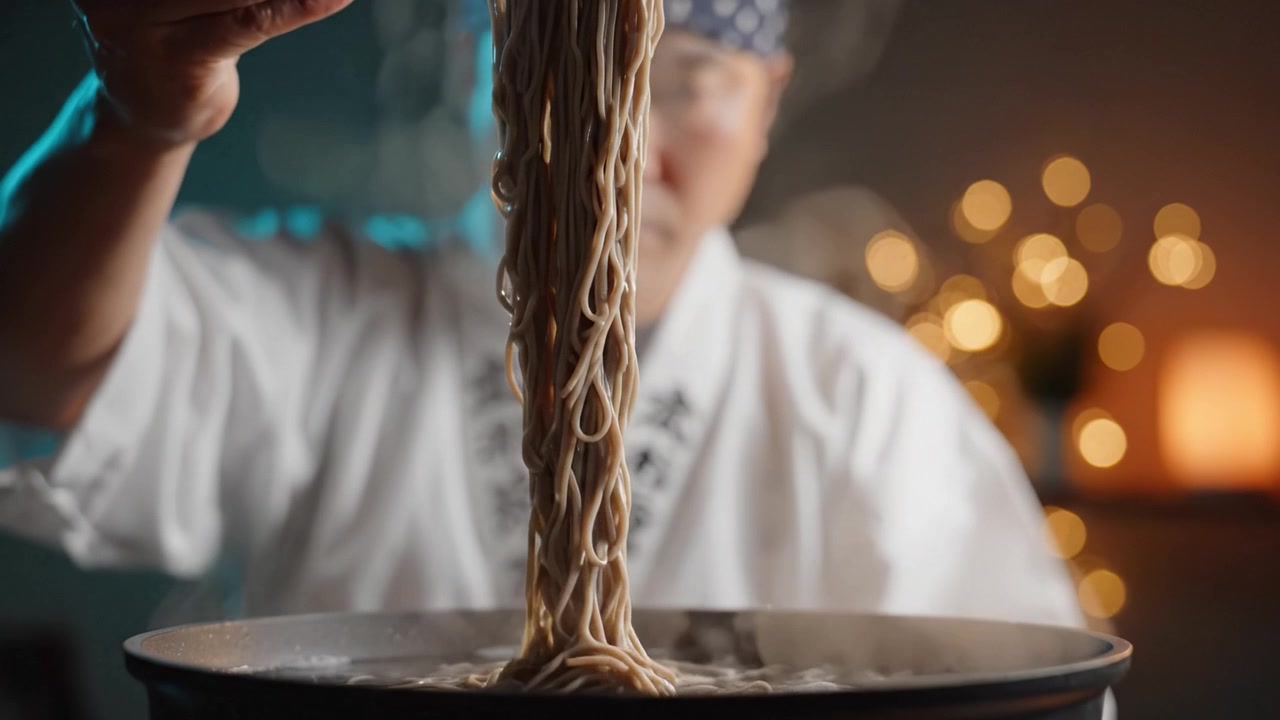 Un maestro chef prepara con maestria un piatto tradizionale di noodle con precisione e cura, mettendo in mostra l'arte della maestria culinaria in un'atmosfera accattivante.