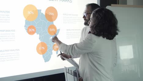 administrador de contenido apuntando al mapa y hablando con una mujer de negocios