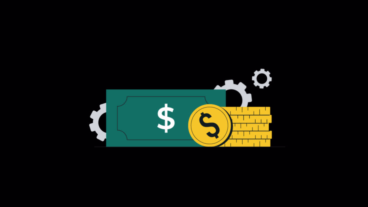 Animated Dollar Bill, Coins, and Gears for Financial Concepts