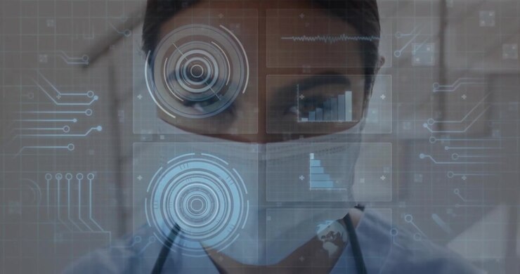 Healthcare professional adjusting surgical mask and activating holographic display with bar charts