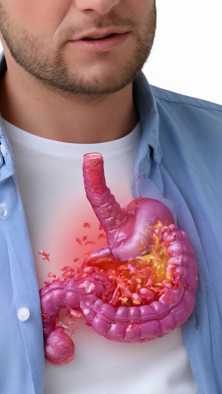 Illustrazione anatomica del sistema digerente: una rappresentazione visiva dello stomaco e dell'intestino umano inseriti all'interno del busto, che evidenzia i processi biologici