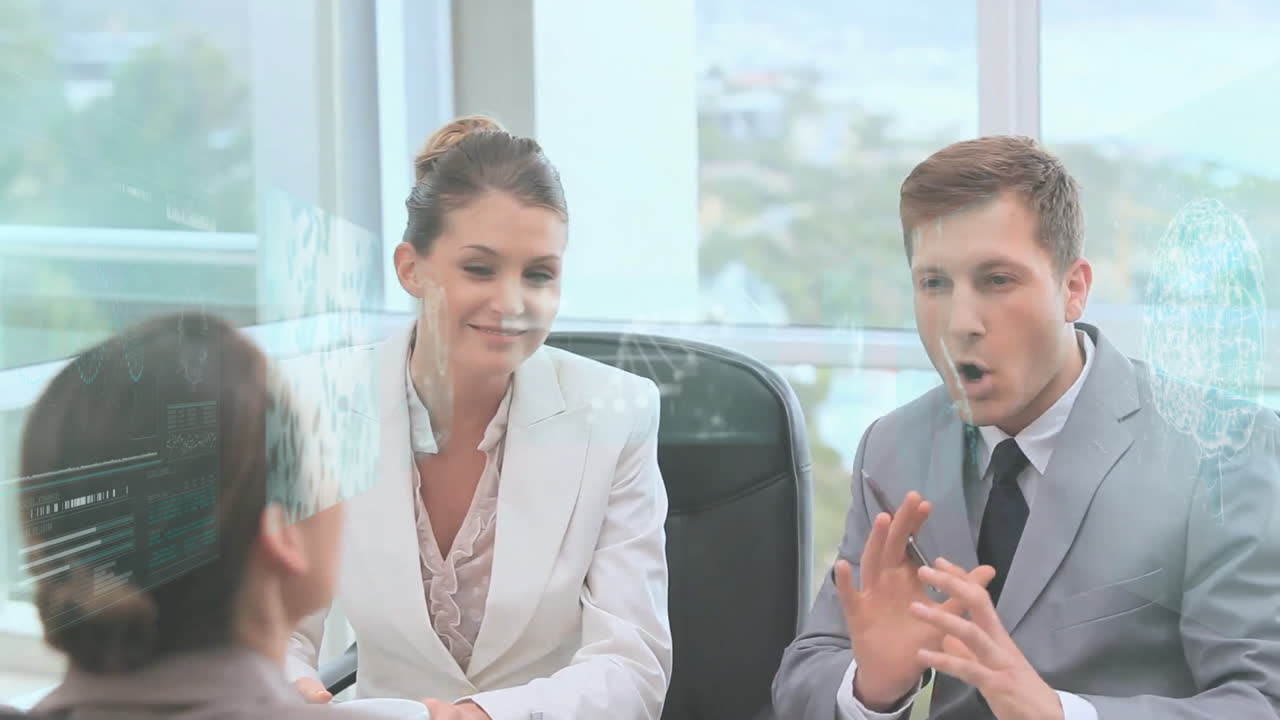 Business professionals discussing data processing animation in modern office setting
