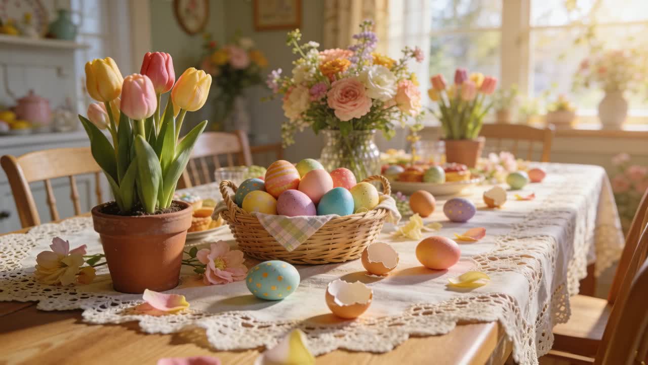 Camera moving closer and shifting right, showing spring pastel egg basket, cracked shells, tulips