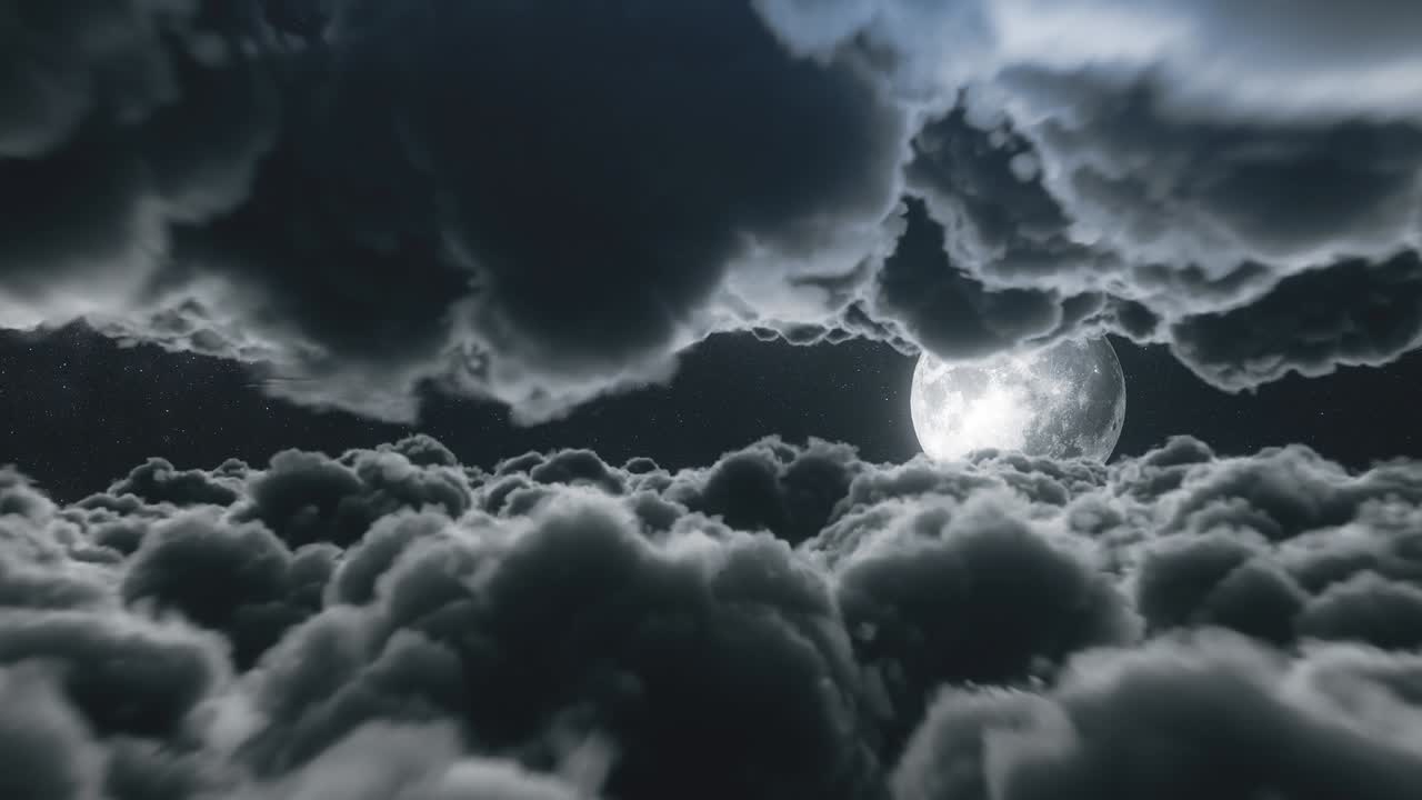 hermoso vuelo fantástico entre nubes cumulus exuberantes a la luz de la luna de la noche. una gran luna llena brilla brillantemente en una profunda noche estrellada a través de las nubes. escena cinematográfica. bucle sin costuras 3d render