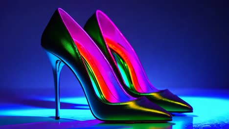 a pair of rainbow colored high heels on a purple background