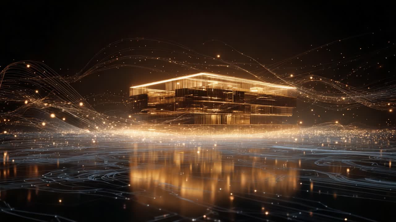 A Stunning Visualization of a Futuristic Golden Structure Amidst a Sea of Glimmering Lights and Fluid Patterns, Creating a Mesmerizing Blend of Technology and Art in a Digital Landscape
