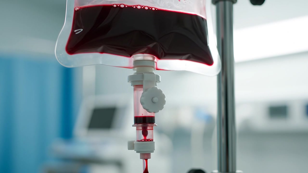 Sacca di sangue medicale per trasfusione appesa a un'asta per flebo