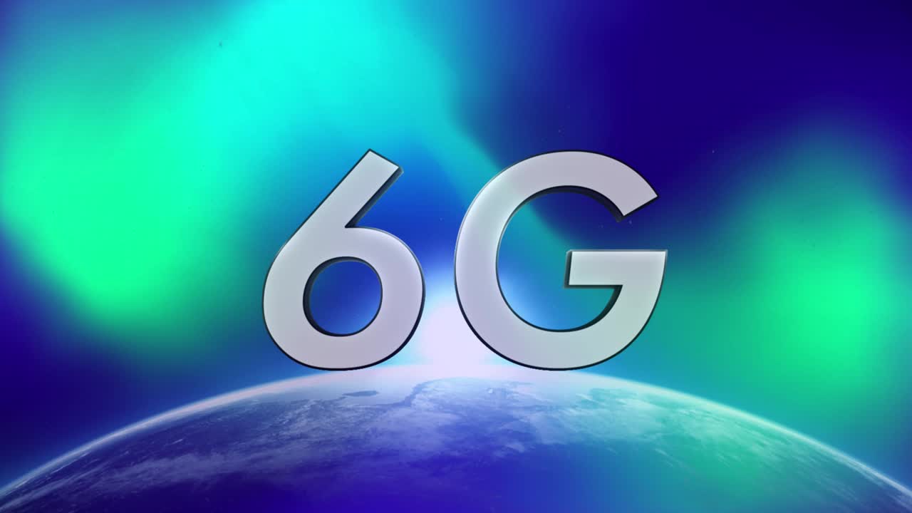 animación de texto plateado 6g, con globo giratorio y luces verdes, en azul oscuro