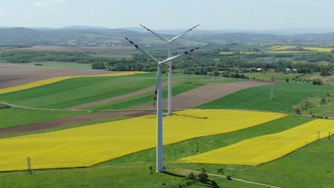 Wind-turbines-stand-at-wind-farm-field-in-poland-countryside-above-rapeseed