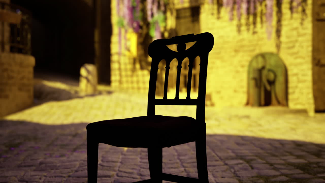 Empty chair on cobblestone street with vibrant flowers in the background