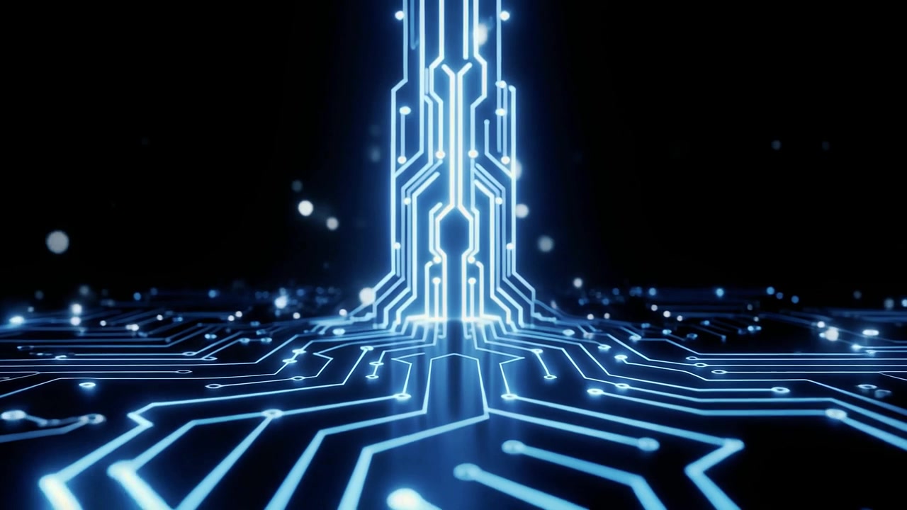 Animated Digital Circuit Board with Glowing Blue Lines and Data Flow