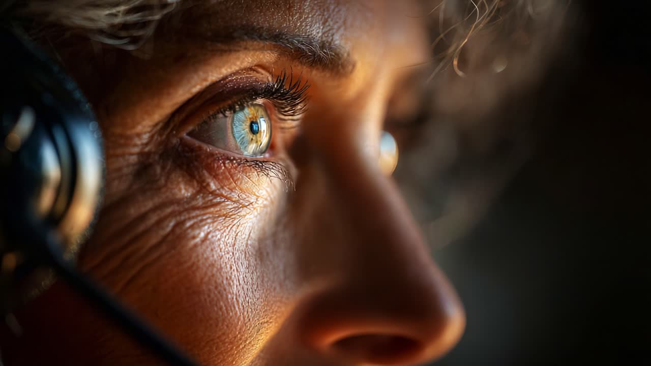 A close-up portrait of a woman focused intently with a headset, capturing the intricate details of her expressive eyes and the textures of her skin in a thoughtful moment