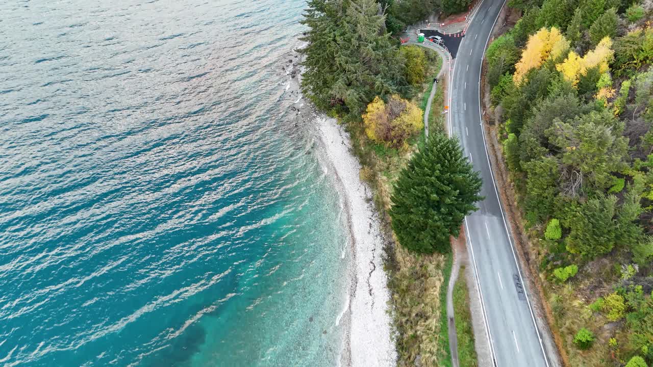 Aerial view of a winding road beside Lake Wakatipu, surrounded by lush greenery and clear blue waters