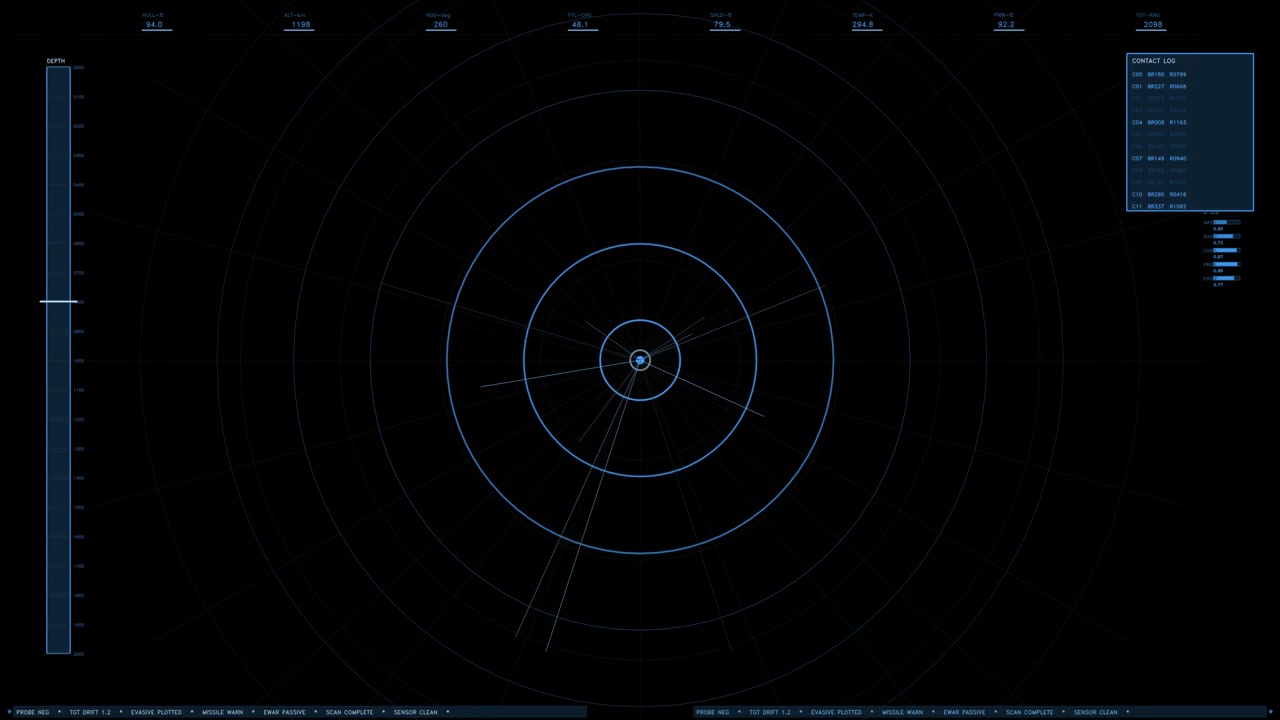 Un elemento di interfaccia scanner radar futuristico ciano con anelli concentrici, scansioni rotanti, un indicatore di profondità e dati di telemetria digitale. Si ripete senza soluzione di continuità come sovrapposizione trasparente.