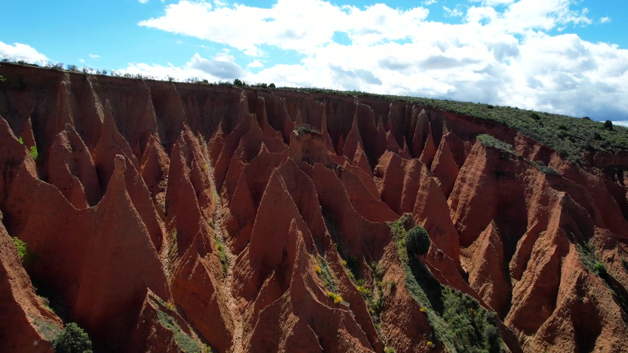 Impresionantes formaciones rocosas rojas con chimeneas de hadas y vegetación en un día de verano. Ángulo elevado, vista aérea
