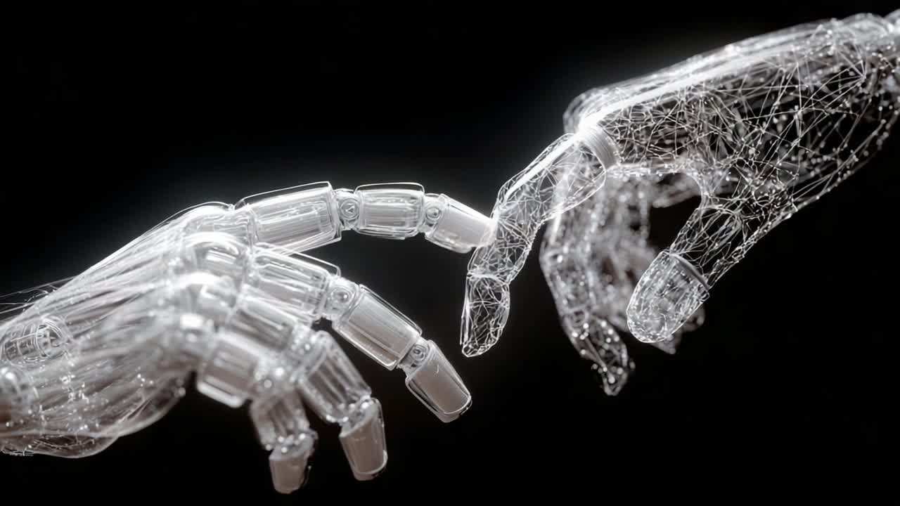 A Futuristic Interpretation of Connection: The Meeting of Two Transparent Robotic Hands Resembles a Classic Moment of Creation, Depicting Advanced Technology and Humanity's Touch