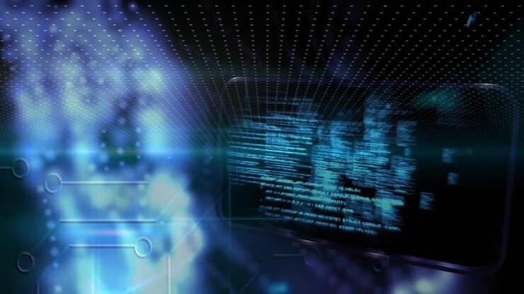 Animation of digital data processing over dark background