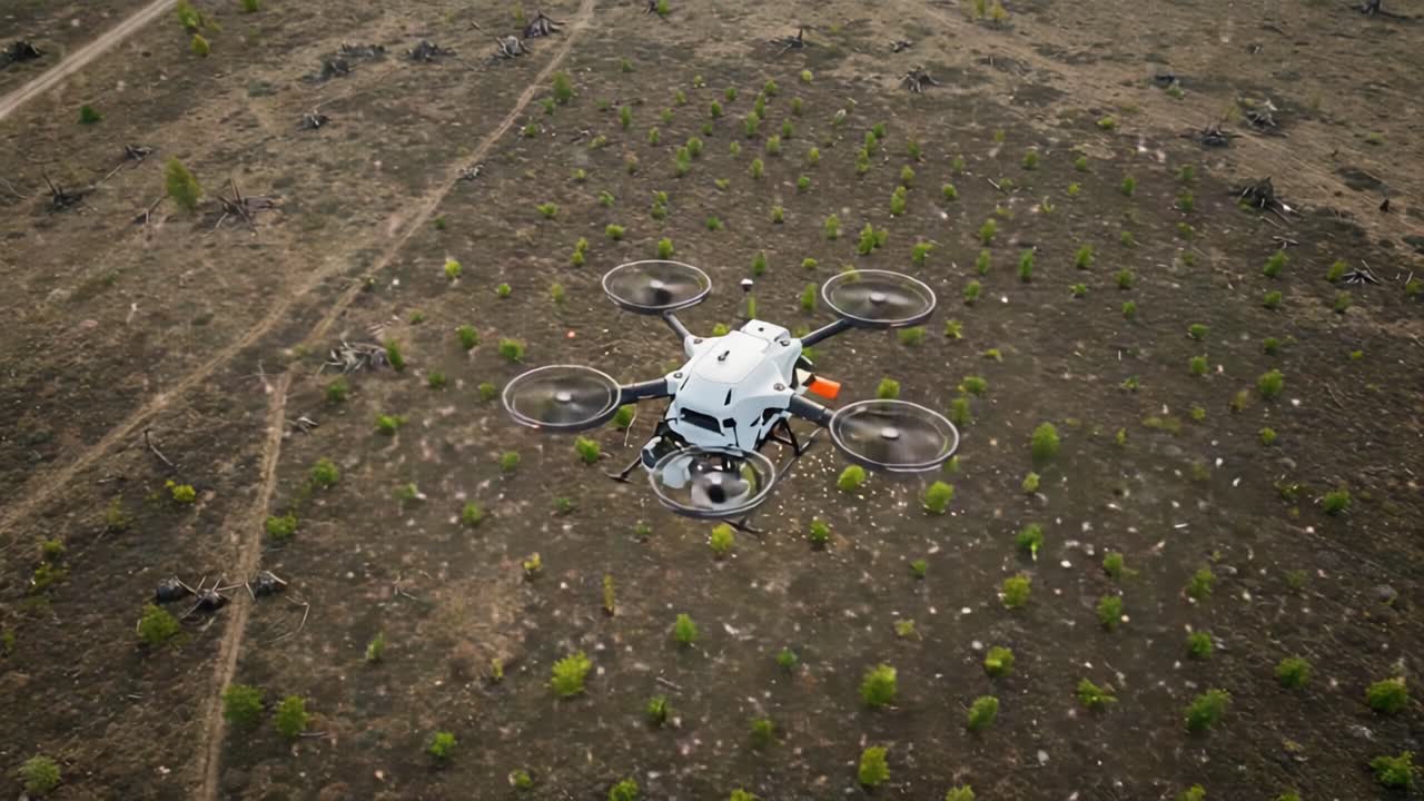 Aerial View of a Drone Hovering Over a Sparse Landscape with Young Trees and Disturbed Soil, Capturing Nature and Technology in Harmony