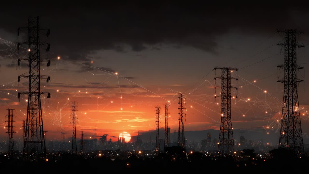 Um Pôr do Sol Deslumbrante Sobre Linhas de Energia Iluminadas por uma Rede de Luz e Conectividade, Mostrando a Fusão da Natureza e da Tecnologia.