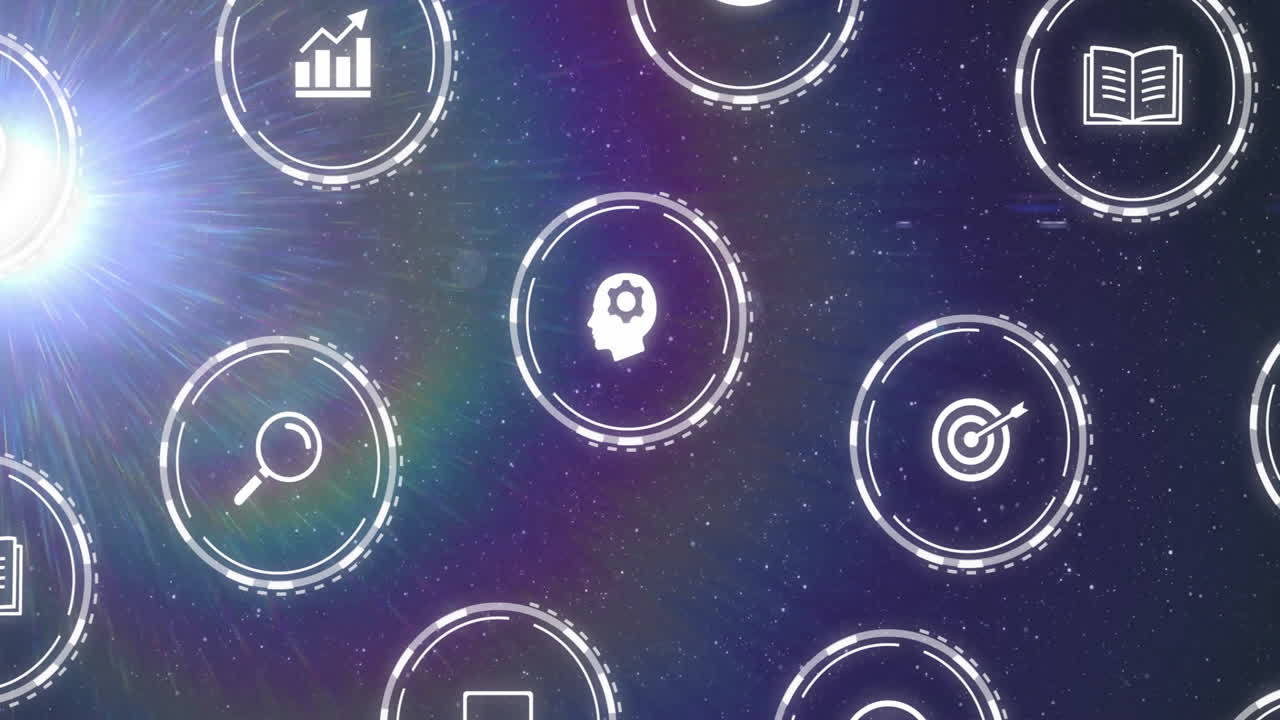 Floating animation of business concept icons over starry space background