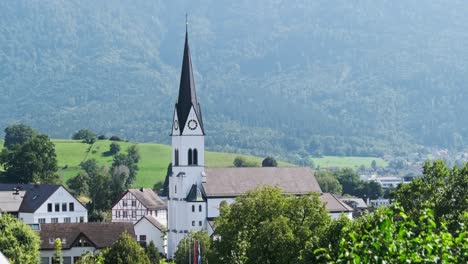 panoramic view liechtenstein with houses on green fields in alps mountain valley