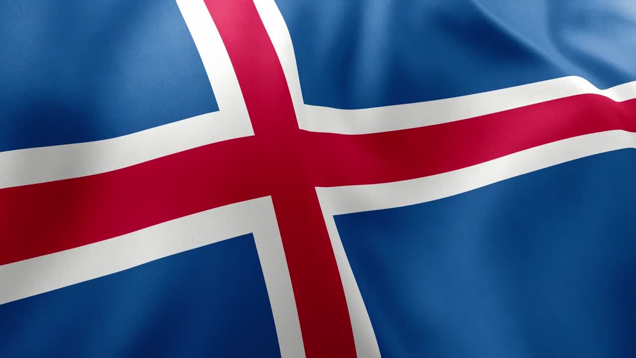 Realistic waving flag of Iceland with blue field, white-bordered red Nordic cross. Symbol of Nordic island nation, patriotism, Iceland