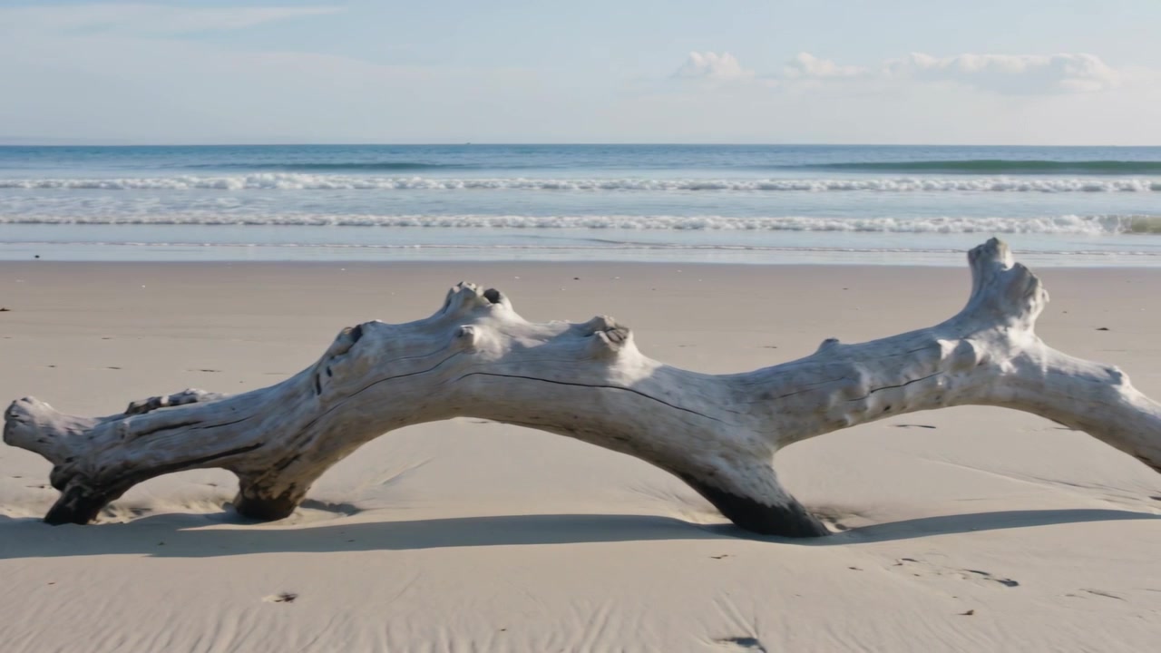 Panning camera revealing bleached driftwood log on sandy beach, showing right end and breaking wave