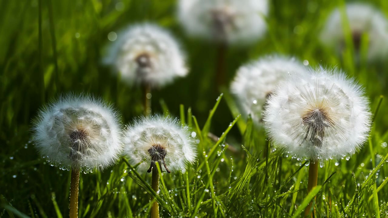 Closeup Dandelion Seedheads In Green Grass, Dew Droplets Sparkling On Delicate White Fluff, Warm Sunlight