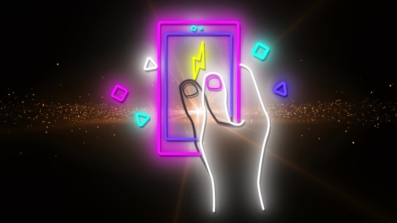 animación de un teléfono inteligente de neón sobre luz naranja y onda