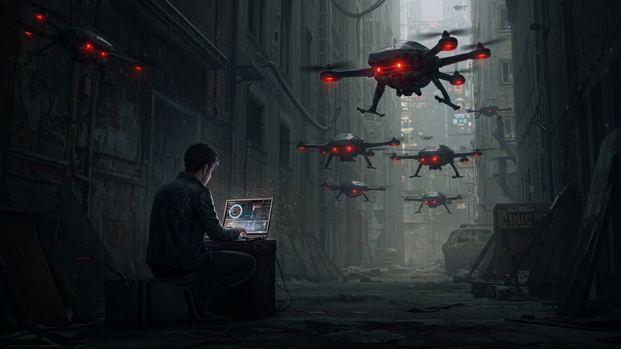 Drones patrol an abandoned alley while a person monitors them on a laptop at dusk in a futuristic urban setting
