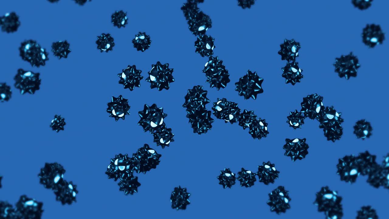 volando muchos virus en personaje de dibujos animados en fondo azul. concepto médico. divertida mascota de virus negro con enojado. animación de bucle 3d.