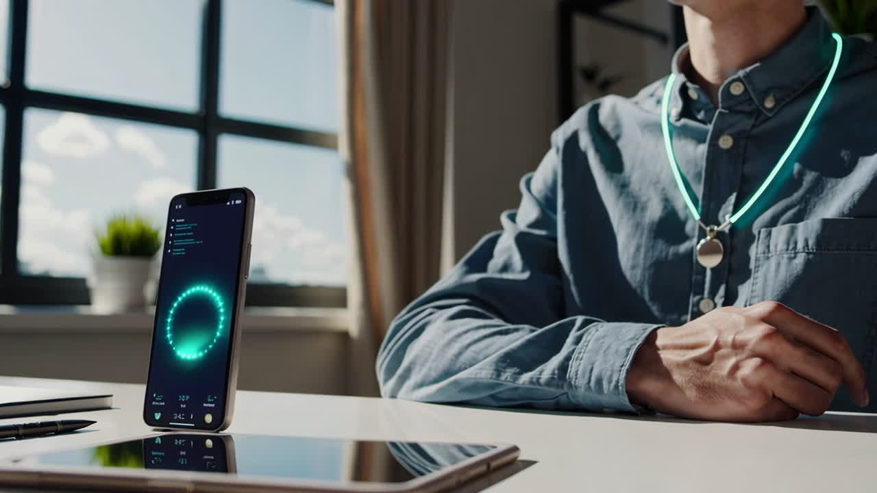 Modern Office Setting with Smartphone and Digital Display