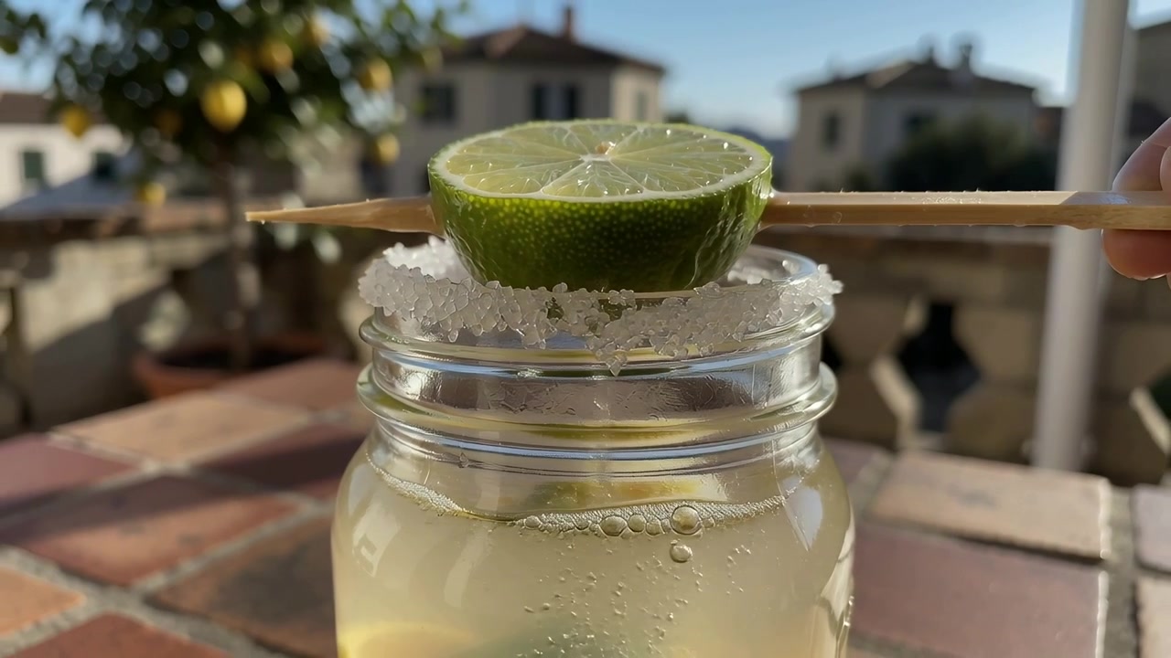 Bevægelig hånd guider en spiddet halv lime hen over et saltet kantet syltetøjsglas på en solskinsfyldt terrasse