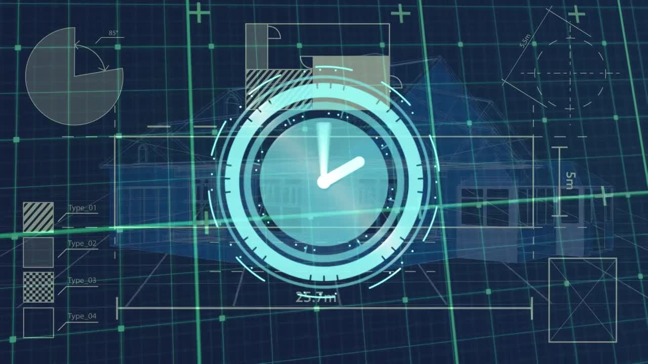 Animation of clock moving over diverse data and house project