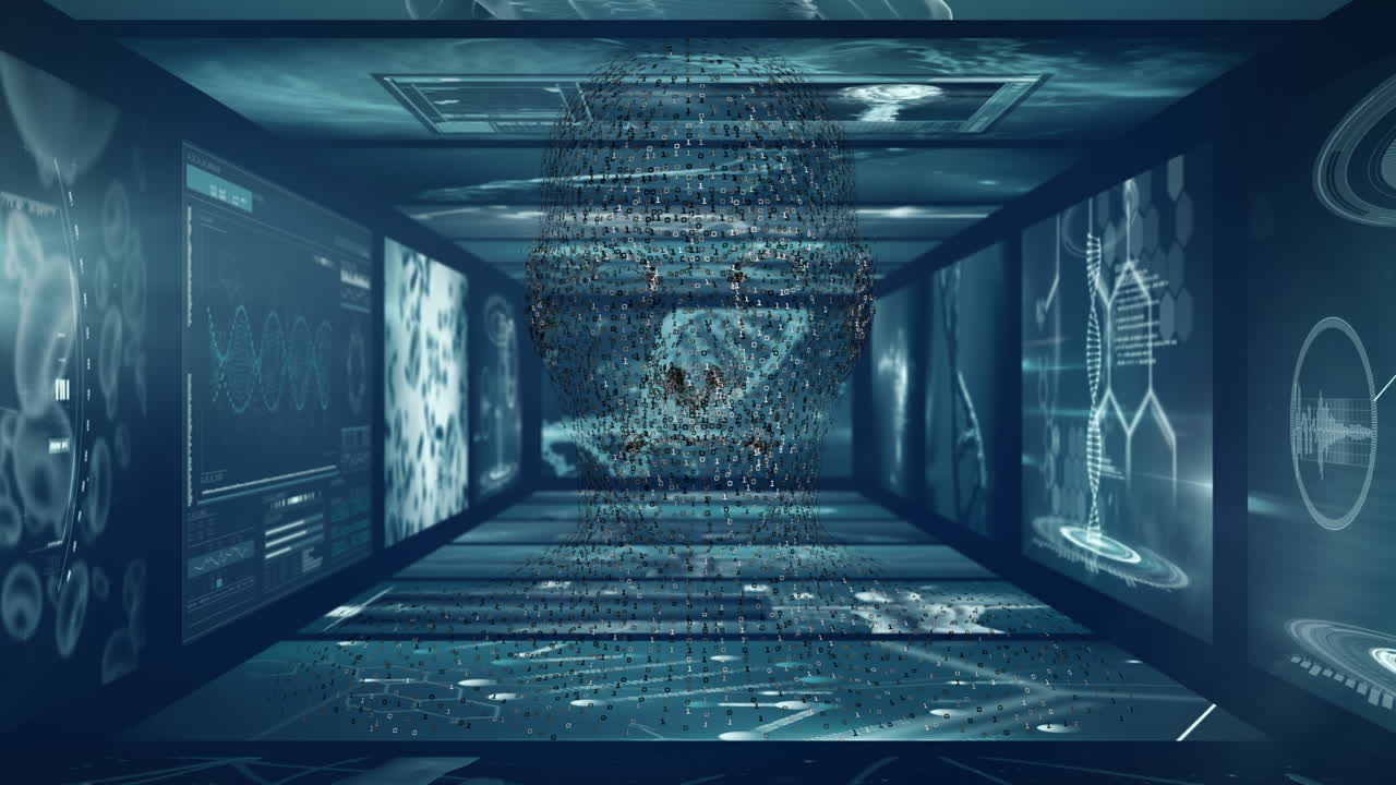 Animation of dna rotating over diverse scientific data on screens on green background