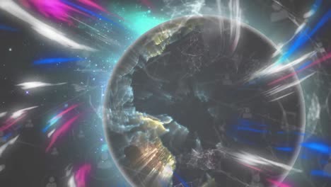 animation of multi coloured light trails over spinning globe