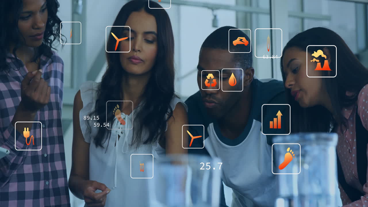 Analyzing data and statistics animation, diverse colleagues collaborating in office