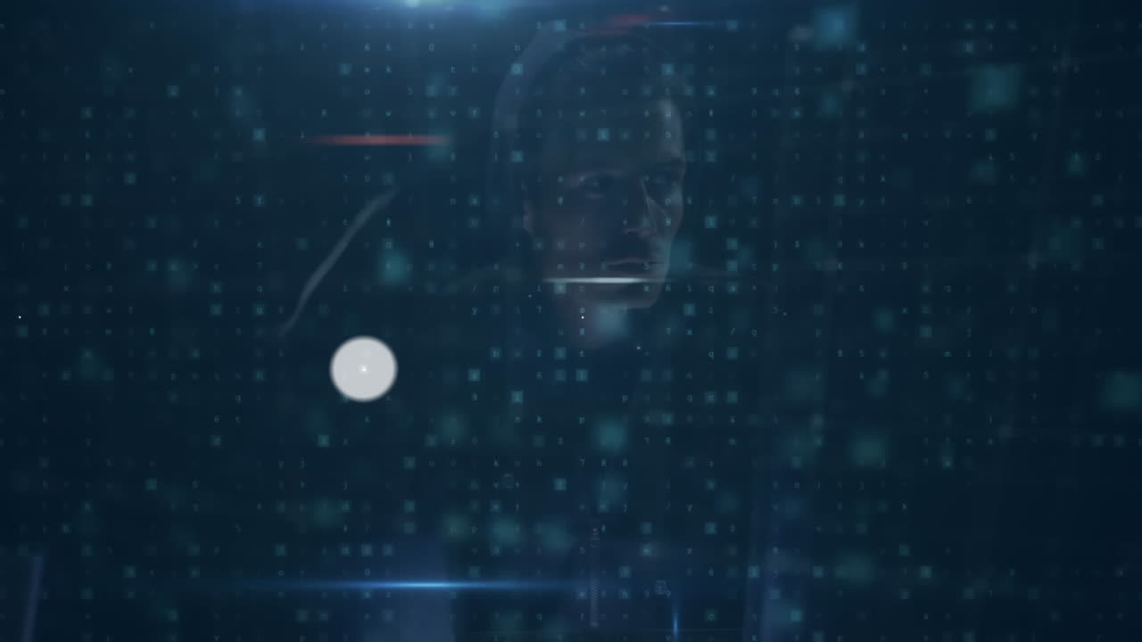 animación de la red de conexiones sobre el hacker masculino caucásico y el procesamiento de datos