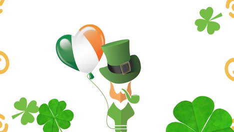 animation of leprechaun with irish flag balloon and clover leaves on white background