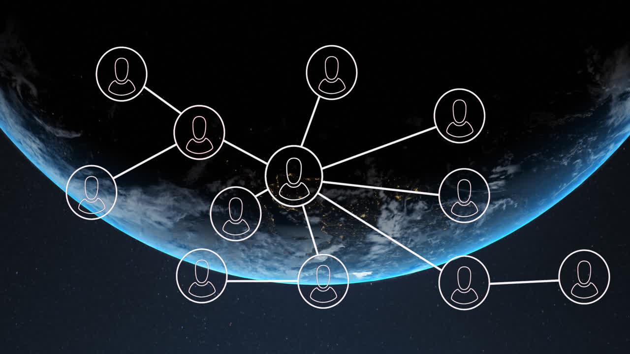 Animation of network of connections with icons and data processing over globe