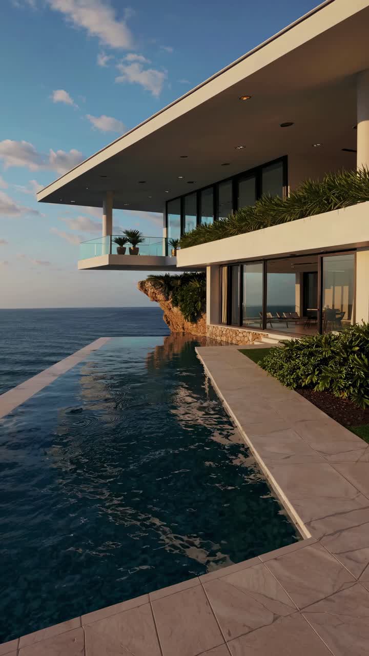 Modern cliffside villa with infinity pool overlooking the ocean at sunset